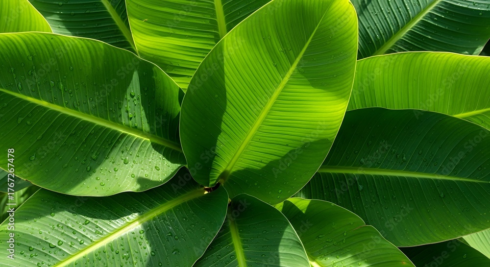 Fototapeta premium Close-up of lush, vibrant green banana leaves with visible veins, showcasing natural tropical foliage