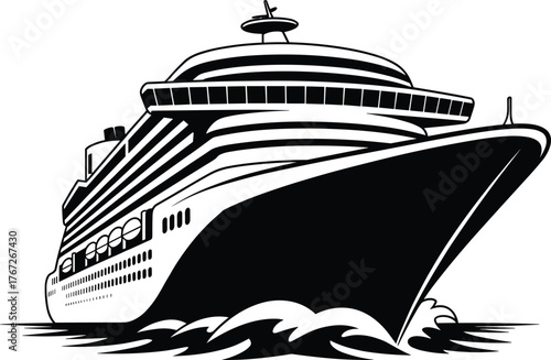 Luxury cruise ship silhouette, ocean liner vector illustration, black and white maritime artwork, sea voyage travel design, nautical tourism vacation concept