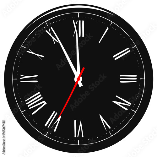 Close up of a black clock face with white Roman numerals and a red second hand ticking towards twelve