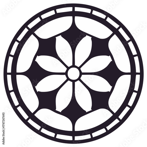 Geometric Round Floral Design With Petals and Border Elements