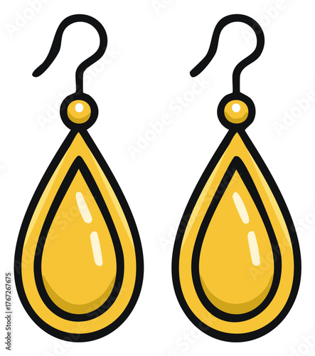 Stylish Gold Teardrop Earrings Pair Elegant Jewelry Accessory Vector Cartoon Illustration Fashion Item