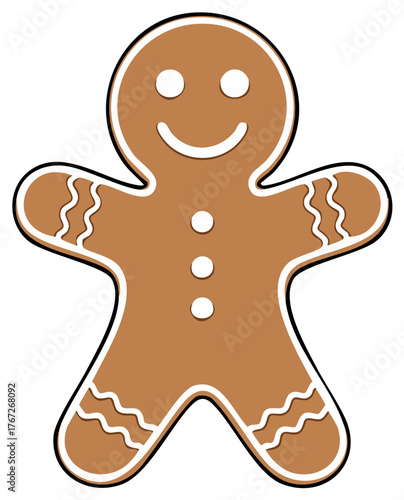 Cartoon gingerbread man with white icing outline and details