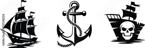 Nautical illustration set, pirate ship drawing, anchor with rope artwork, sailing vessel sketch, maritime adventure design, skull ship graphic, ocean theme