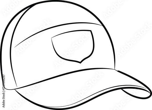 Baseball cap outline drawing, simple vector hat design, blank sports cap illustration, apparel accessory sketch, minimalist fashion headwear template, isolated