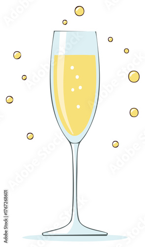 Champagne flute filled with bubbly golden liquid with rising bubbles and small floating spheres