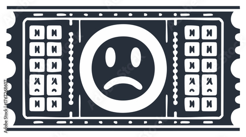 Stylized Ticket with Sad Smiley Face. Illustration of Event or Lottery Ticket with Tearaway Sides and a Melancholy Expression