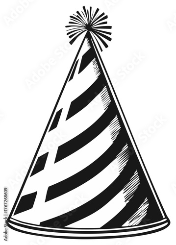 Stripped Party Hat with Pom Pom Design in Monochrome Graphic Style Celebratory Gear
