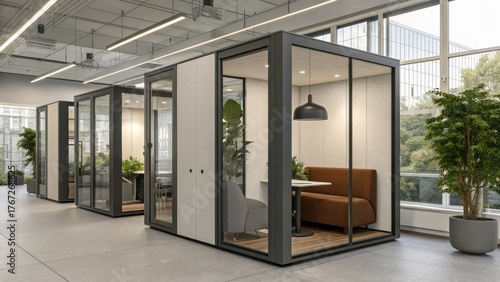 hybrid work environment design Modern office pods designed for collaborative work and privacy in a bright, inviting space.