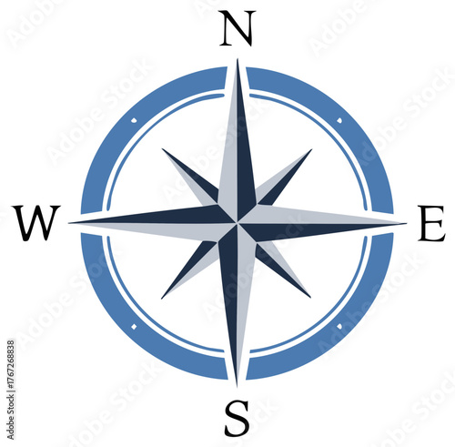 Detailed Compass Rose with Directional Letters and Circle in Blue and Black tones