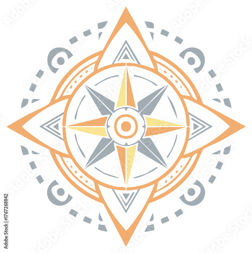 Decorative Compass Rose with Geometric Tribal Patterns and Orange Accents