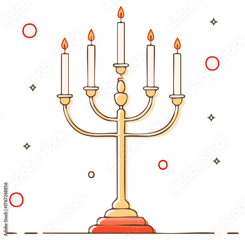 Elegant five light golden candelabra illustration with lit candles and glowing flames