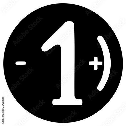 White number one, minus sign, plus sign in a black circle. Symbolic math icon for calculation or comparison