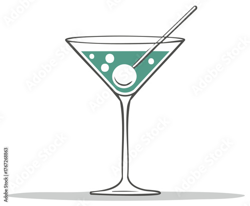 Elegant graphic illustration of a refreshing drink in a classic martini glass with olive and stirrer