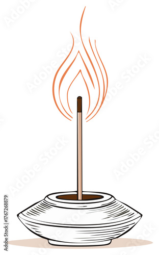 Illustration of incense stick burning with smoke in a decorative ceramic bowl