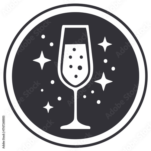 Sparkling champagne flute icon with stars and bubbles inside a circular frame