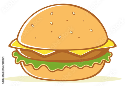 Stylized Cartoon Hamburger with Sesame Seed Bun and Fresh Lettuce Cheese and Patty