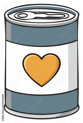 Cartoon Illustration of Donation Food Can with a Heart Symbol on the Label