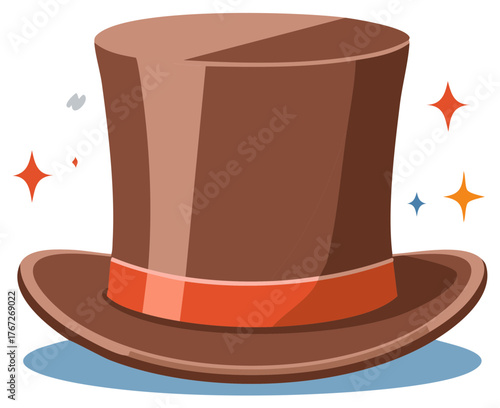 Magical brown top hat with a vibrant orange ribbon and sparkling star elements