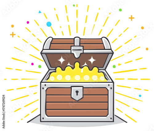 Opened Treasure Chest with Gold Coins and Sparkling Light Rays Cartoon Style Depiction of Wealth and Treasure