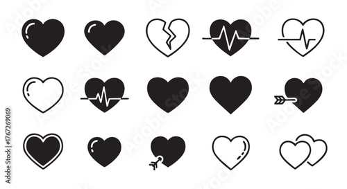 Collection of heart icons in various styles on white background