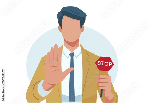 Businessman Holding Stop Sign and Showing Hand Signal