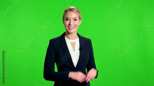 Smiling Blonde Businesswoman Presenting on Green Screen, Professional Female Speaker for Corporate News & Broadcast