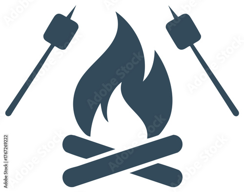 Icon illustration of campfire with crossed logs and marshmallow roasting on skewers for summer outdoor adventure concept