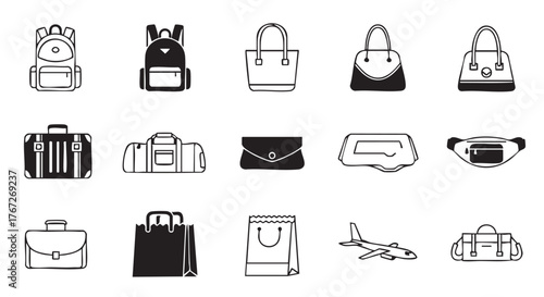 Collection of travel and shopping icons luggage backpacks and bags vector