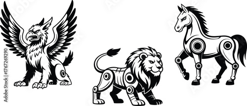 Robotic mythical animals, cybernetic griffin lion horse, futuristic fantasy creatures, mechanical beast silhouettes, black and white vector artwork, sci‑fi fantasy illustration