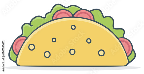 Colorful cartoon taco illustration with a hard shell lettuce and tomatoes