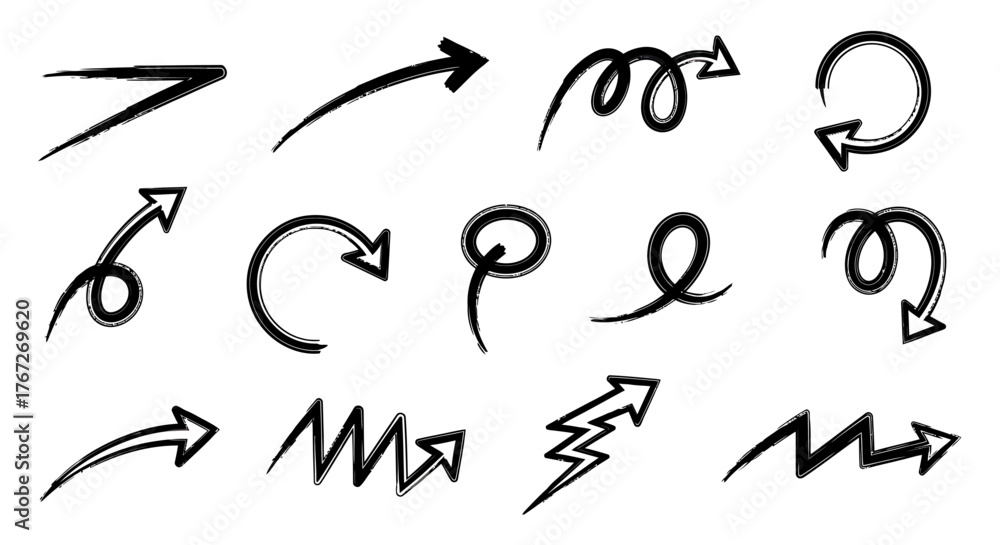 Fototapeta premium Set of hand-drawn arrow illustrations in black and white, featuring various shapes and directions.