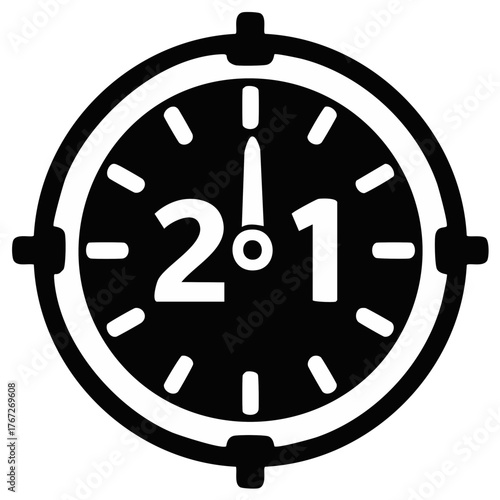 Black and white minimalist icon of a clock face showing the time as two o'clock