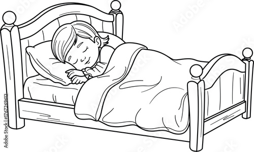 Cute little child sleeping peacefully in cozy bed, bedtime illustration for kids coloring book, sweet dreams night rest concept art