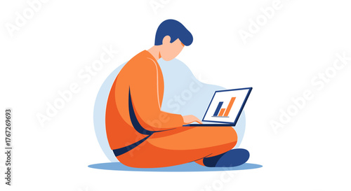 A person sits cross-legged, focused on a laptop displaying a chart.