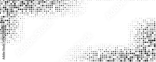 Black halftone wave background. Abstract grainy fluid texture. Dotted curved dot flow wallpaper. Grit swoosh overlay element for poster, banner, brochure, flyer, leaflet, template. Modern
