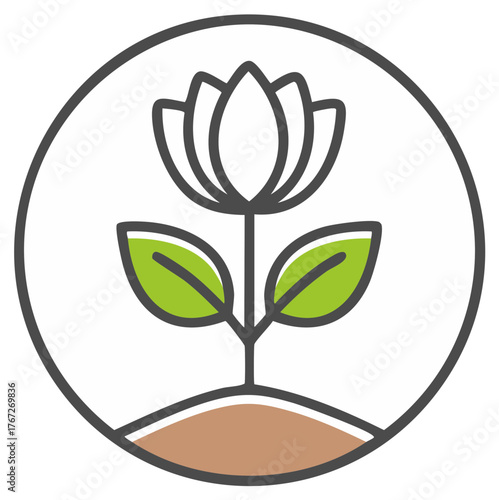 Elegant Water Lily Outline Illustration Emerging from Earth Inside Circular Frame in Modern Style
