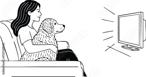 Woman and dog watching television together on a comfortable sofa.