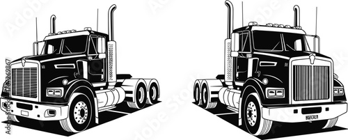 Semi trailer truck illustration, detailed front view transport vehicle design, heavy duty freight lorry silhouette, automotive engineering and logistics artwork