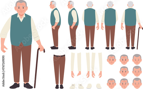Elderly man character set, senior male avatar poses, facial expressions, walking cane, cartoon old man, animation parts, vector illustration design