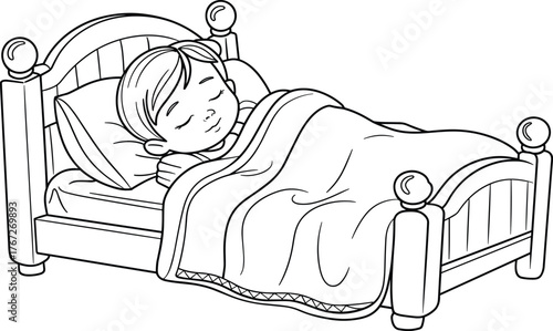 Cute sleeping child in bed illustration, peaceful night rest drawing, cozy bedroom scene for children, bedtime, dreams, and relaxation concept