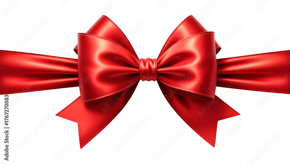 Fototapeta premium Red Christmas Ribbon Bow with Holiday Sparkle and Festive Light Reflection on White Background