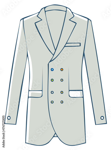 Gray double breasted blazer illustration with blue accents and colorful buttons classic elegant style