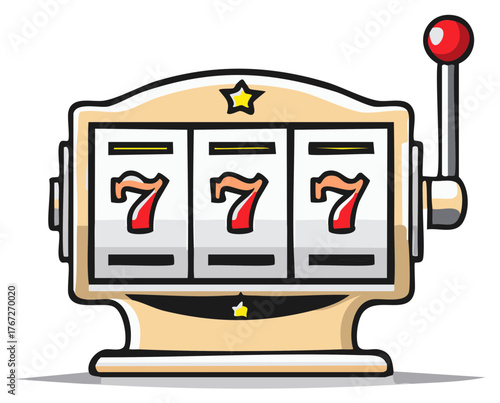 Cartoon Style Slot Machine with Three Sevens for Casino Gambling Concept