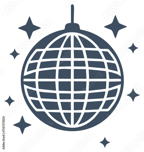 Sparkling disco ball icon for party celebration and retro dance music nightlife