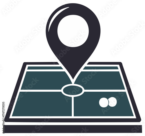 Location pointer on a map depicting a croquet court or lawn bowls area indicating sport activities