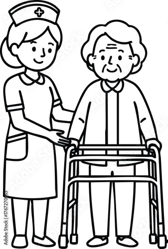 Nurse Assisting Elderly Woman with Walker in Black and White.