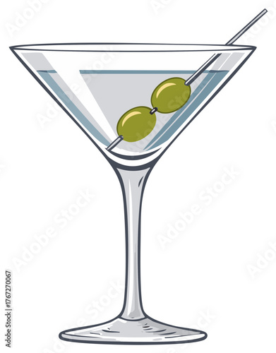 Classic Martini Cocktail with Olives on a Skewer in a Clear Glass Martini Illustration