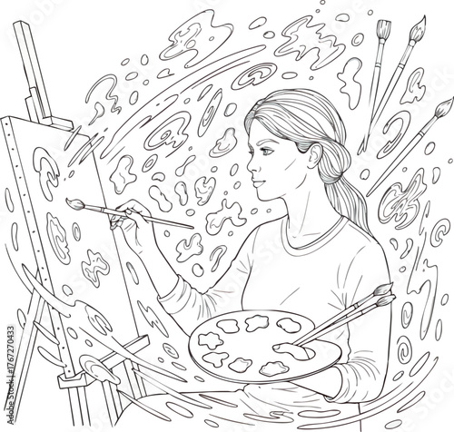 Young Woman Artist Painting on Canvas with Palette and Brush.
