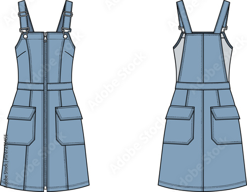Denim pinafore dress flat sketch front and back view, women fashion cad drawing, vector template with pockets and straps design