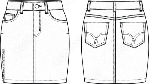 Denim mini skirt technical fashion flat front and back view, jeans skirt vector template, clothing cad drawing for apparel design